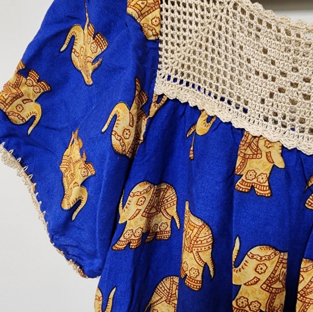 Elephant Moo Moo Dress with Crochet Neckline and Hem. Small-Medium
